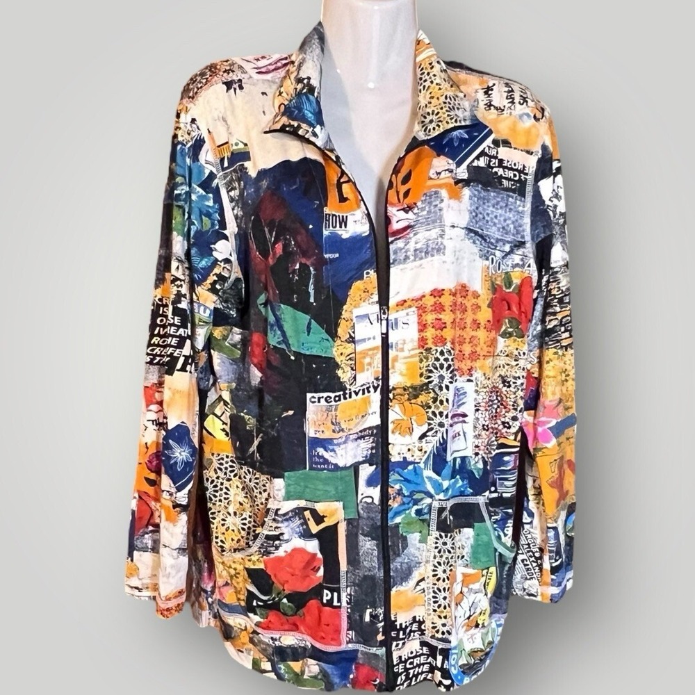 Chicos Bohemian Sz 1‎ Med Jacket Zip Dopamine Abstract Spandex Rayon Travel